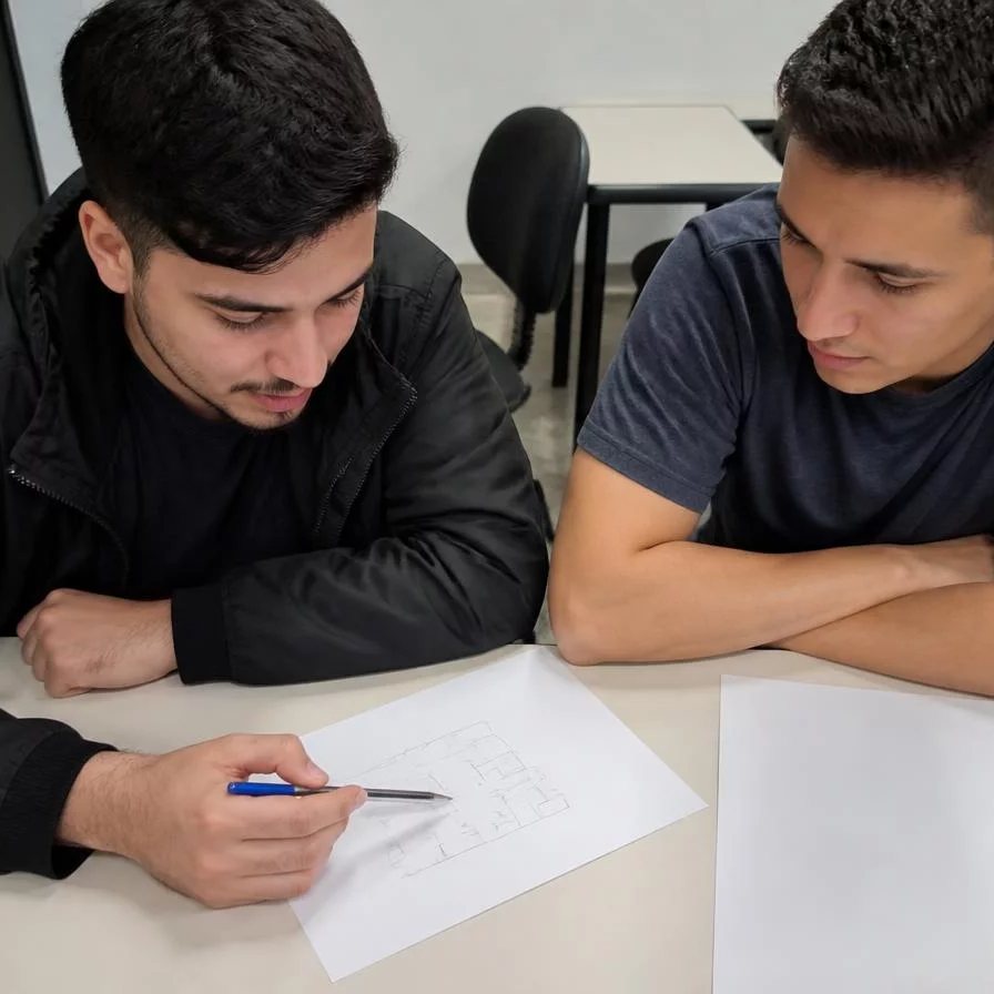 Duas pessoas relendo num tablet as notas da rodada anterior, apoiadas na mesa de madeira