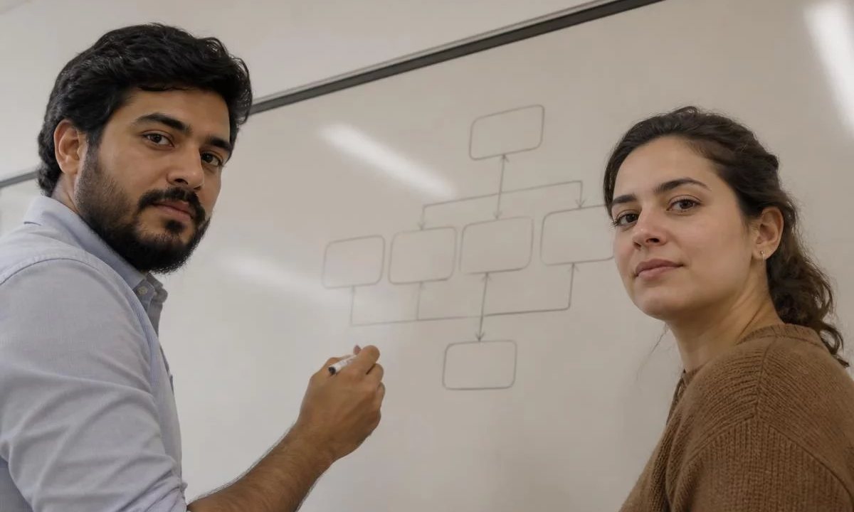 Grupo em sala clara acompanhando a explicação de uma participante que fala de pé
