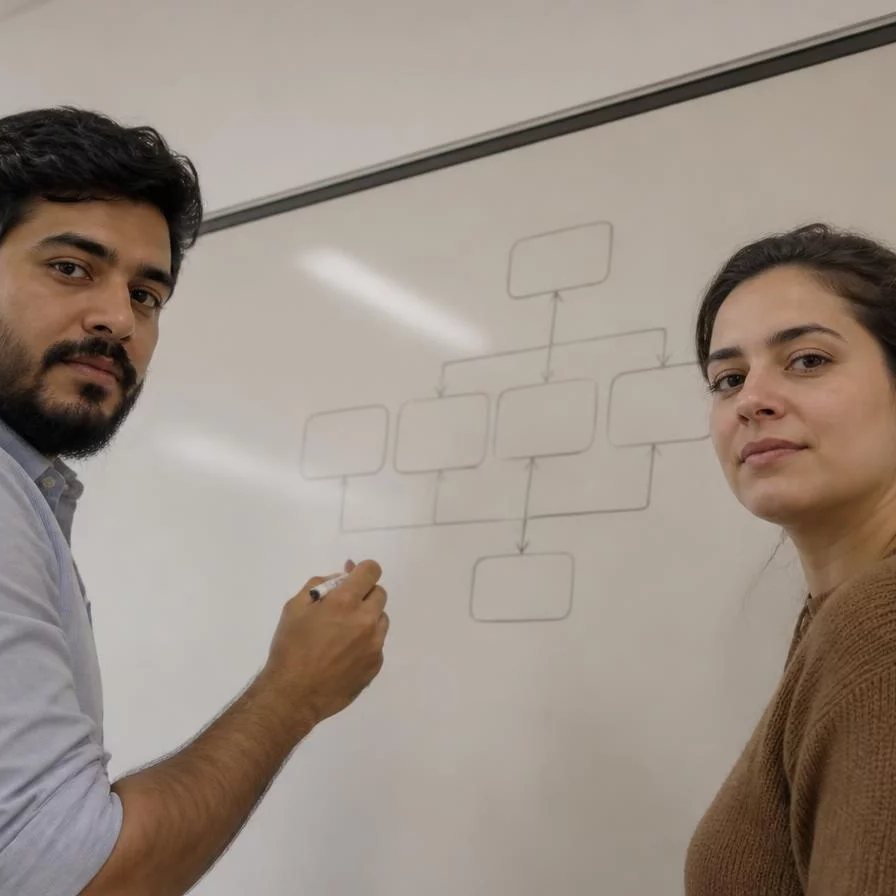 Duas participantes de pé junto ao quadro branco, desenhando as partes de um argumento